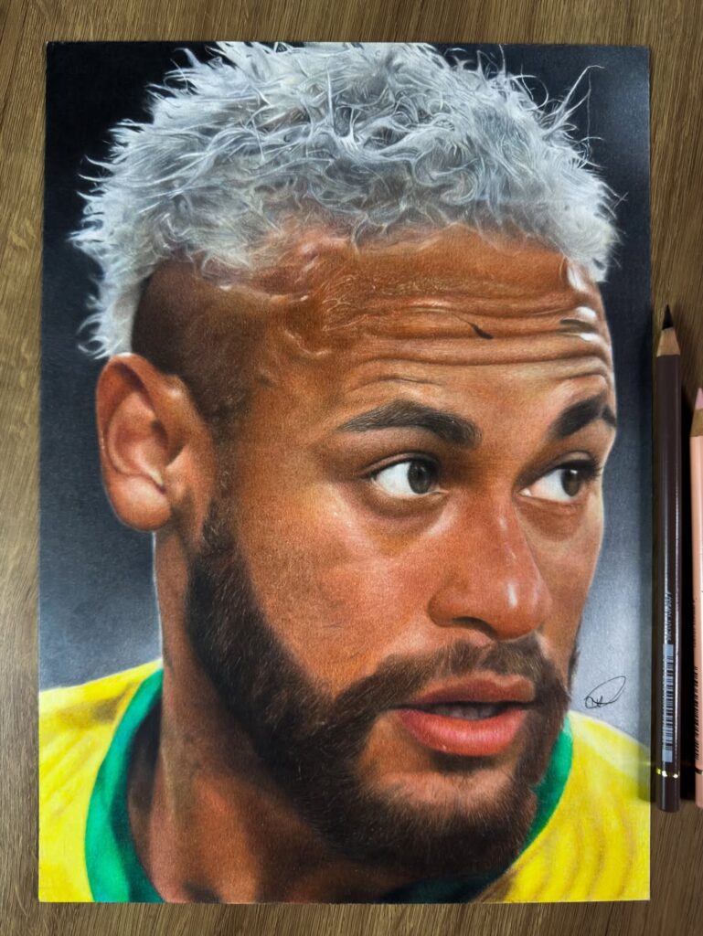 Desenho realista colorido do Neymar de moicano descolorido com a camisa da Seleção Brasileira feito pelo desenhista Ruan Roberth
