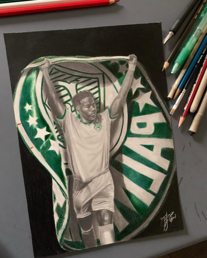 Desenho realista do Endrick comemorando com o escudo do Palmeiras
