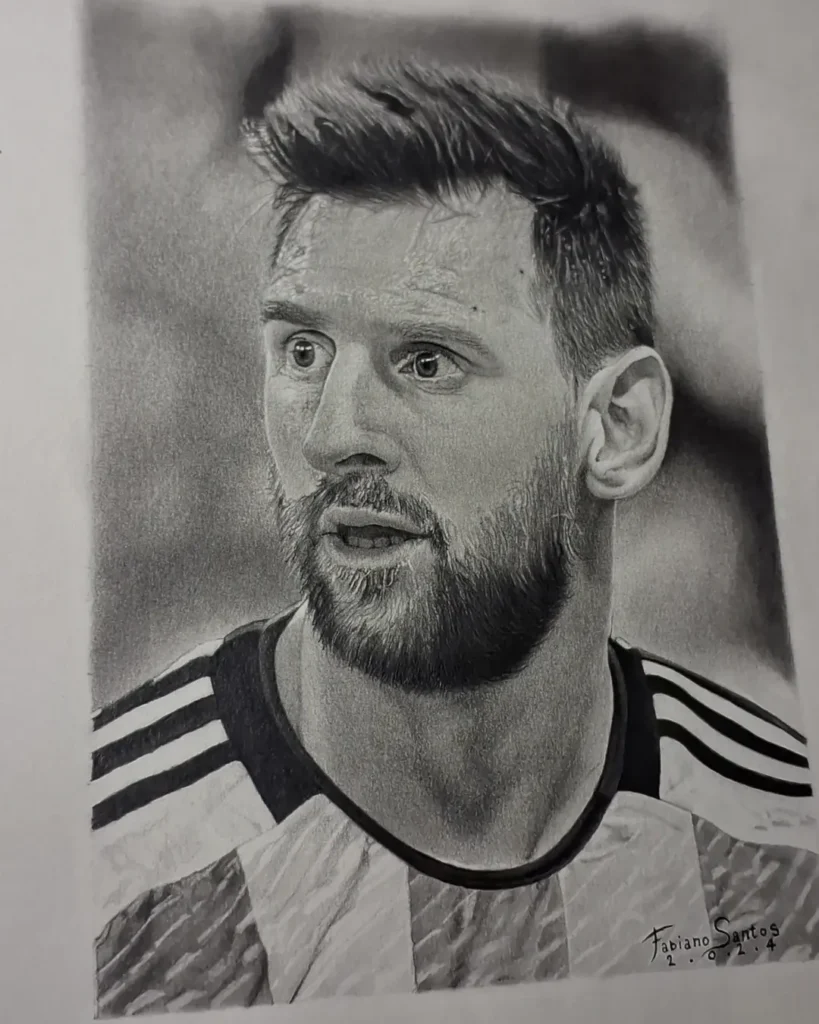Desenho realista do Messi com fundo desfocado