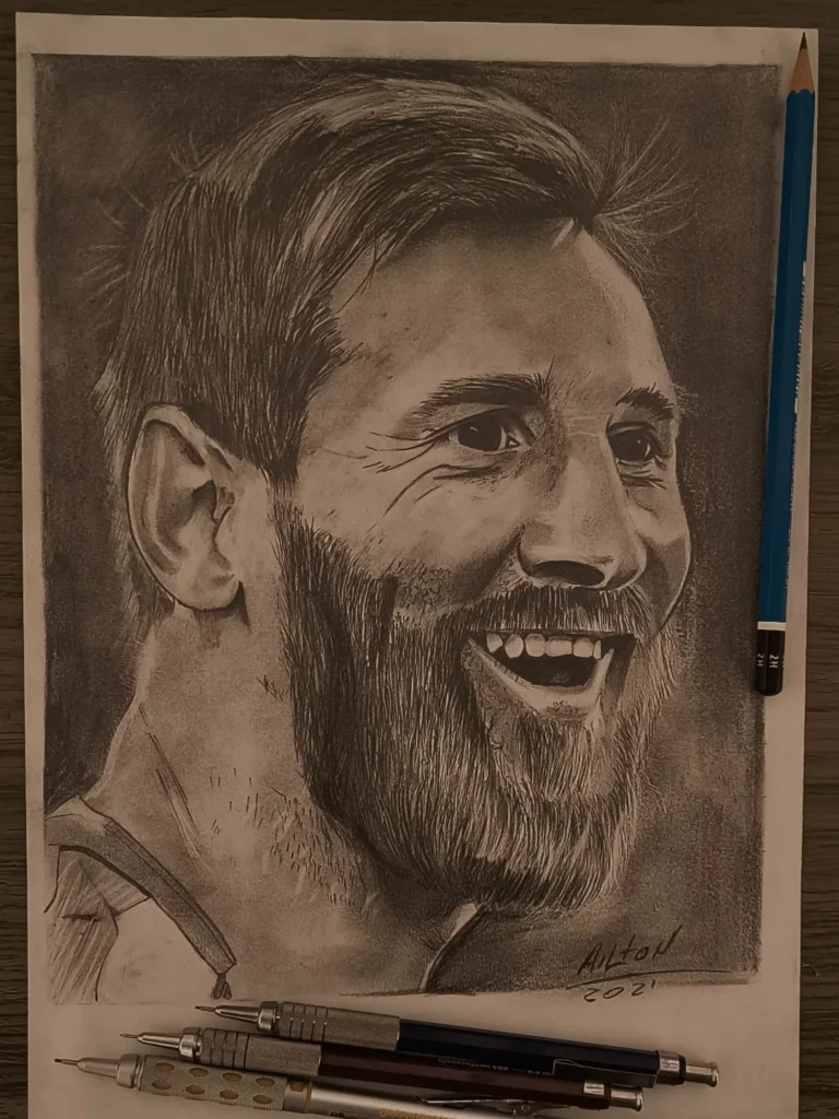 Desenho realista do Messi sorrindo
