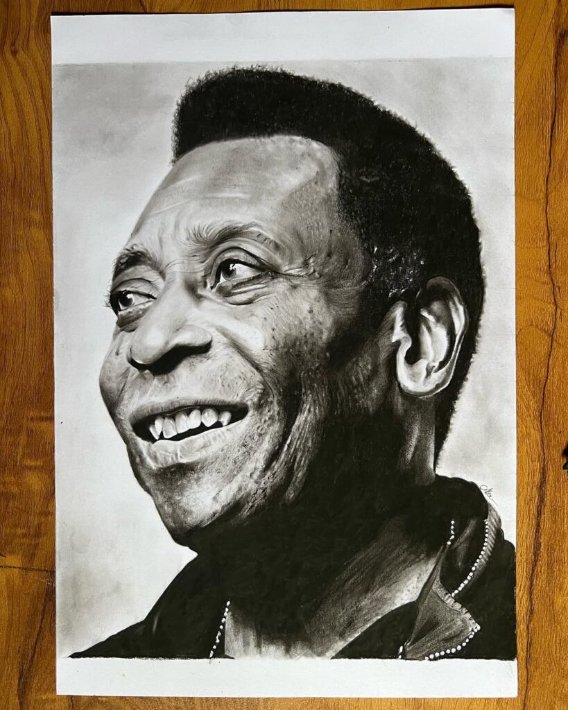 Realistic drawing of Pelé on a gray background illustrating the latest idea for football player art