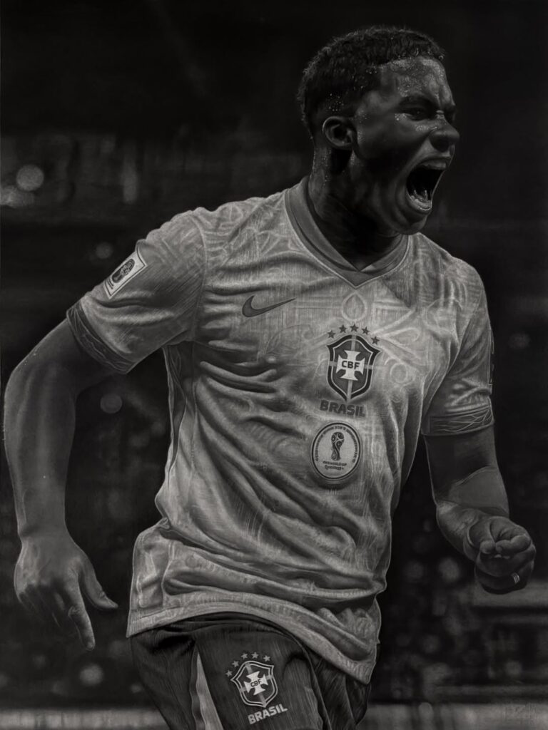 Desenho realista em preto e branco do Endrick comemorando pela Seleção Brasileira